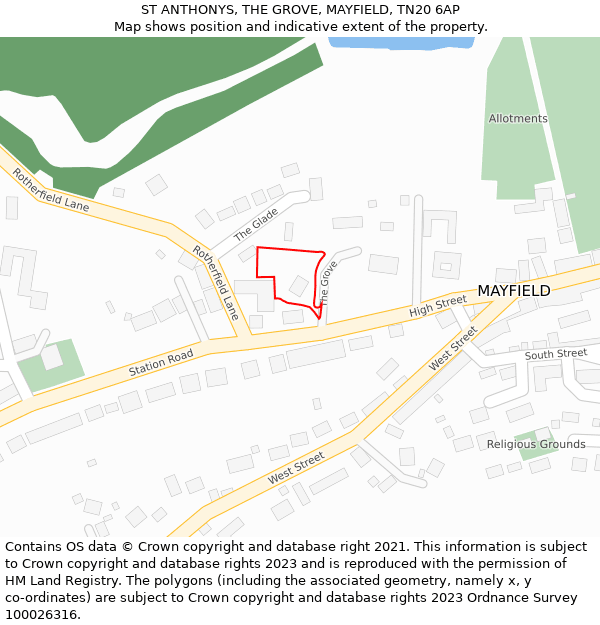 ST ANTHONYS, THE GROVE, MAYFIELD, TN20 6AP: Location map and indicative extent of plot