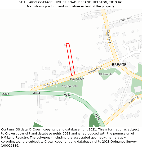 ST. HILARYS COTTAGE, HIGHER ROAD, BREAGE, HELSTON, TR13 9PL: Location map and indicative extent of plot