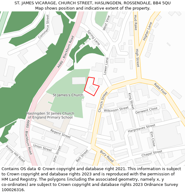 ST. JAMES VICARAGE, CHURCH STREET, HASLINGDEN, ROSSENDALE, BB4 5QU: Location map and indicative extent of plot