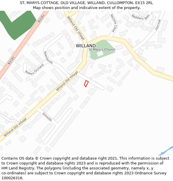 ST. MARYS COTTAGE, OLD VILLAGE, WILLAND, CULLOMPTON, EX15 2RL: Location map and indicative extent of plot