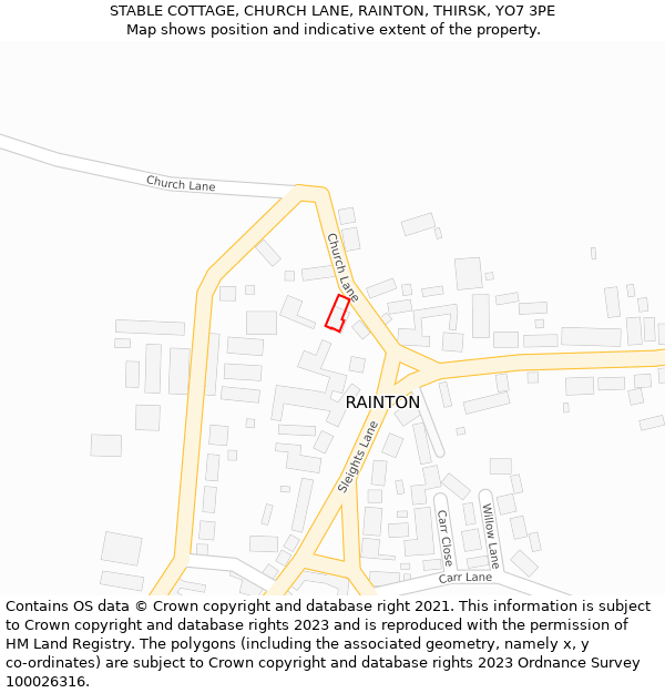 STABLE COTTAGE, CHURCH LANE, RAINTON, THIRSK, YO7 3PE: Location map and indicative extent of plot