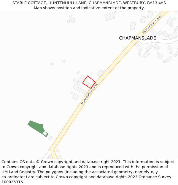 STABLE COTTAGE, HUNTENHULL LANE, CHAPMANSLADE, WESTBURY, BA13 4AS: Location map and indicative extent of plot