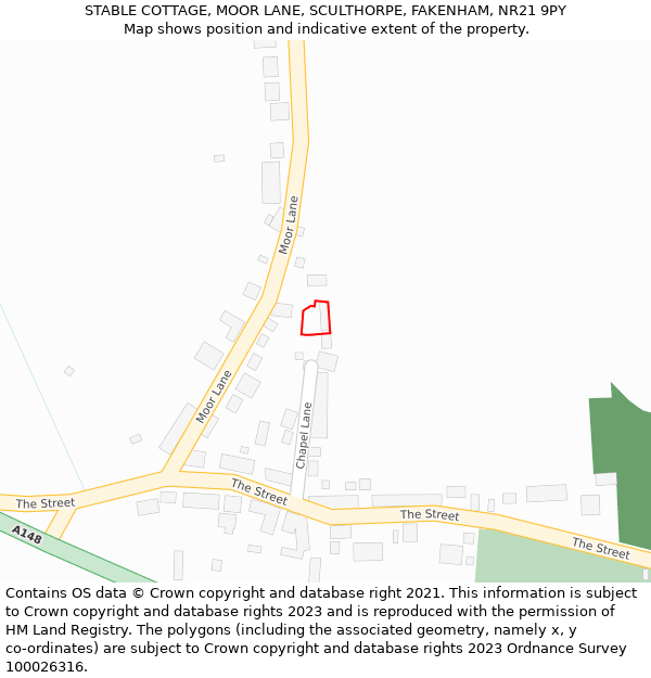 STABLE COTTAGE, MOOR LANE, SCULTHORPE, FAKENHAM, NR21 9PY: Location map and indicative extent of plot