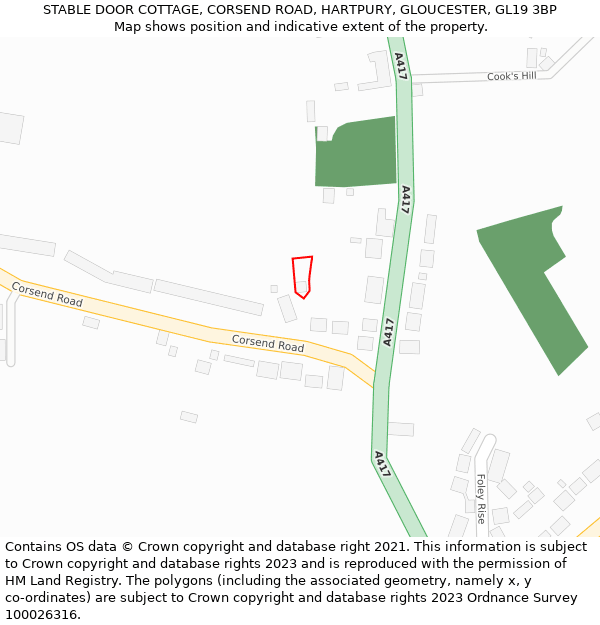 STABLE DOOR COTTAGE, CORSEND ROAD, HARTPURY, GLOUCESTER, GL19 3BP: Location map and indicative extent of plot