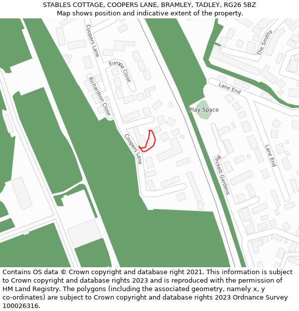 STABLES COTTAGE, COOPERS LANE, BRAMLEY, TADLEY, RG26 5BZ: Location map and indicative extent of plot