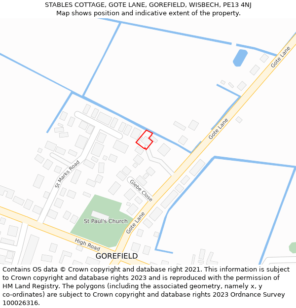 STABLES COTTAGE, GOTE LANE, GOREFIELD, WISBECH, PE13 4NJ: Location map and indicative extent of plot