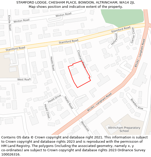 STAMFORD LODGE, CHESHAM PLACE, BOWDON, ALTRINCHAM, WA14 2JL: Location map and indicative extent of plot