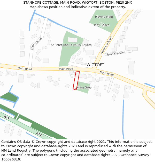 STANHOPE COTTAGE, MAIN ROAD, WIGTOFT, BOSTON, PE20 2NX: Location map and indicative extent of plot