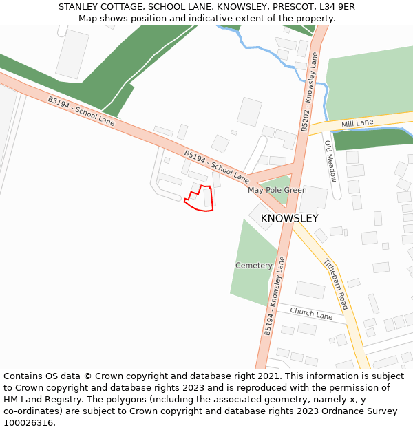 STANLEY COTTAGE, SCHOOL LANE, KNOWSLEY, PRESCOT, L34 9ER: Location map and indicative extent of plot