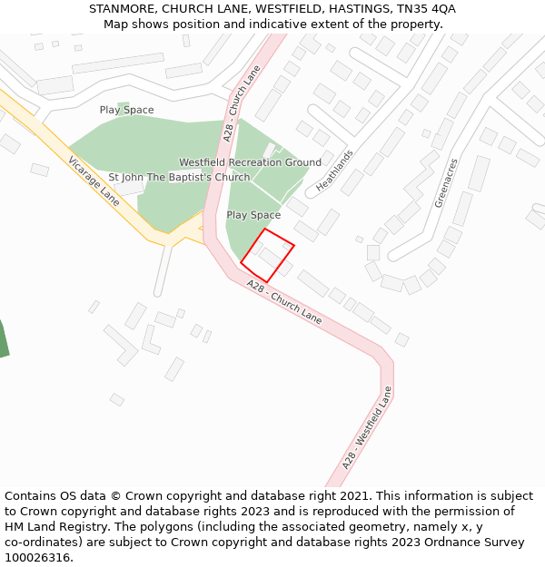 STANMORE, CHURCH LANE, WESTFIELD, HASTINGS, TN35 4QA: Location map and indicative extent of plot
