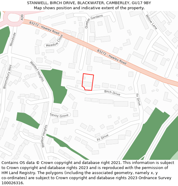 STANWELL, BIRCH DRIVE, BLACKWATER, CAMBERLEY, GU17 9BY: Location map and indicative extent of plot