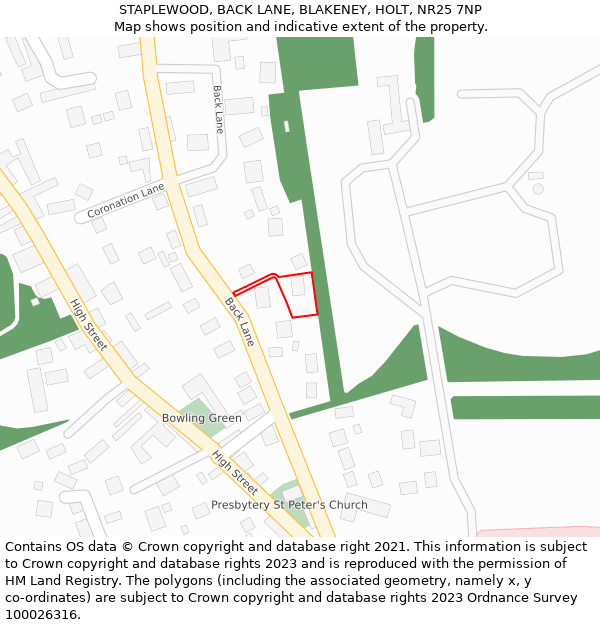STAPLEWOOD, BACK LANE, BLAKENEY, HOLT, NR25 7NP: Location map and indicative extent of plot