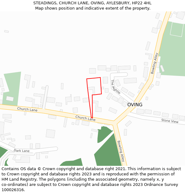 STEADINGS, CHURCH LANE, OVING, AYLESBURY, HP22 4HL: Location map and indicative extent of plot