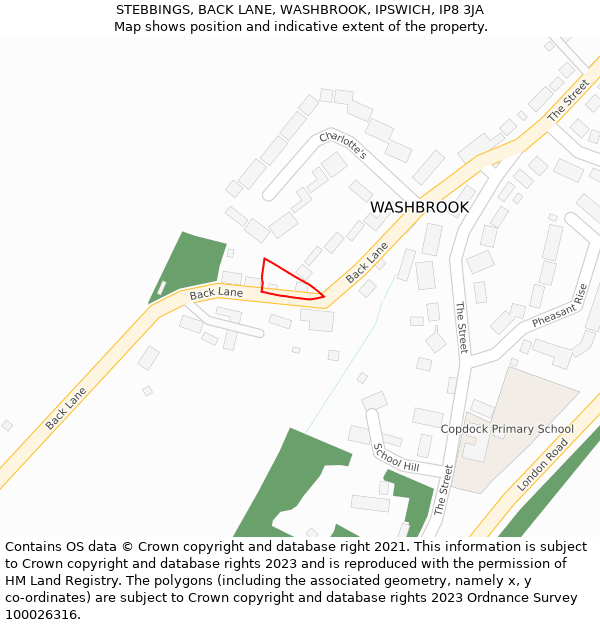 STEBBINGS, BACK LANE, WASHBROOK, IPSWICH, IP8 3JA: Location map and indicative extent of plot