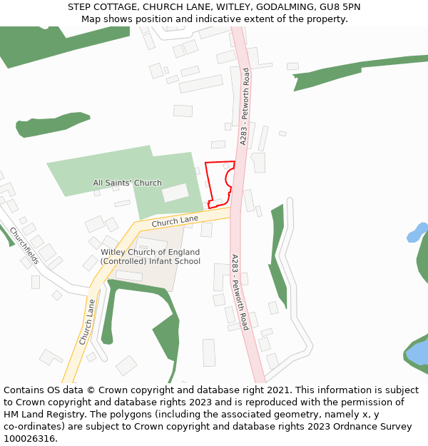 STEP COTTAGE, CHURCH LANE, WITLEY, GODALMING, GU8 5PN: Location map and indicative extent of plot