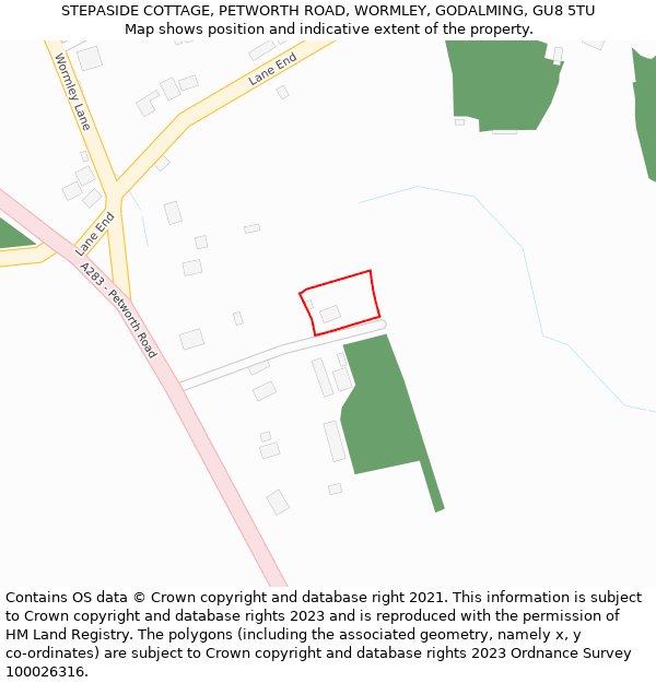 STEPASIDE COTTAGE, PETWORTH ROAD, WORMLEY, GODALMING, GU8 5TU: Location map and indicative extent of plot
