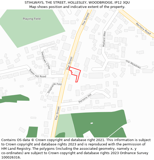 STIHLWAYS, THE STREET, HOLLESLEY, WOODBRIDGE, IP12 3QU: Location map and indicative extent of plot
