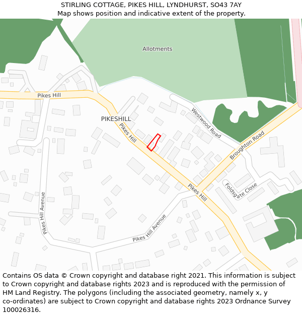 STIRLING COTTAGE, PIKES HILL, LYNDHURST, SO43 7AY: Location map and indicative extent of plot