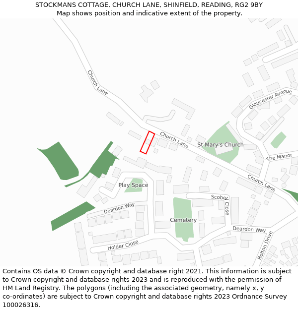 STOCKMANS COTTAGE, CHURCH LANE, SHINFIELD, READING, RG2 9BY: Location map and indicative extent of plot