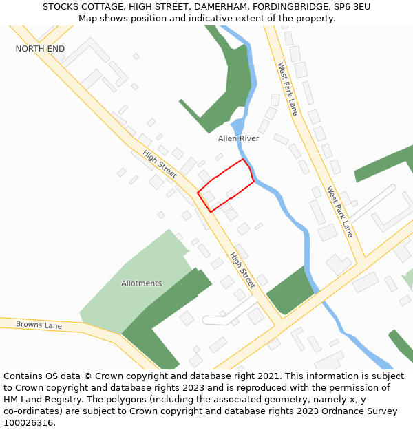 STOCKS COTTAGE, HIGH STREET, DAMERHAM, FORDINGBRIDGE, SP6 3EU: Location map and indicative extent of plot