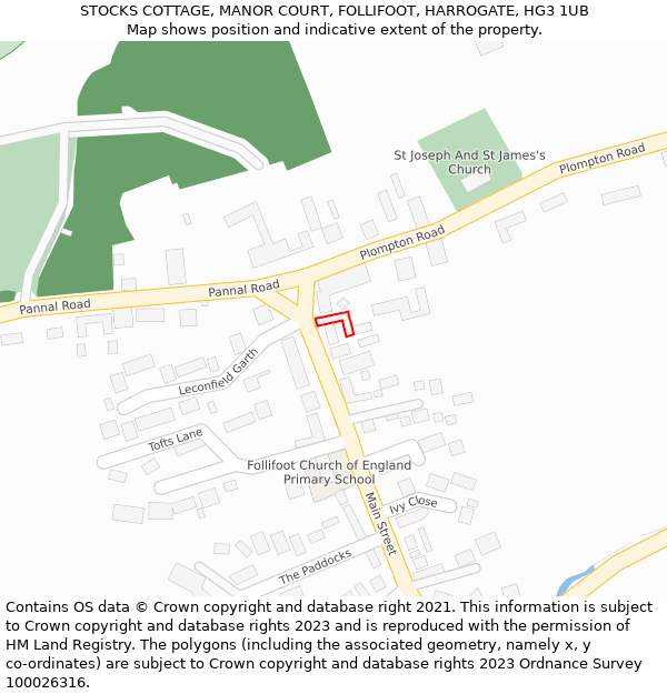 STOCKS COTTAGE, MANOR COURT, FOLLIFOOT, HARROGATE, HG3 1UB: Location map and indicative extent of plot