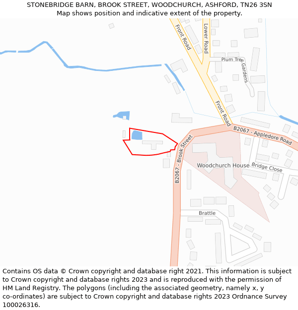 STONEBRIDGE BARN, BROOK STREET, WOODCHURCH, ASHFORD, TN26 3SN: Location map and indicative extent of plot