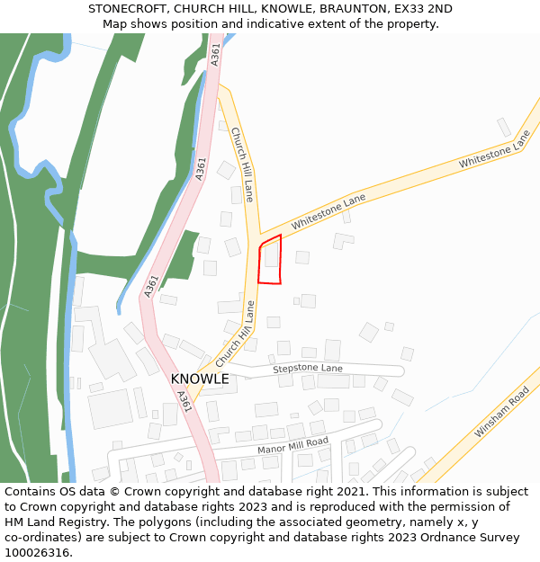 STONECROFT, CHURCH HILL, KNOWLE, BRAUNTON, EX33 2ND: Location map and indicative extent of plot