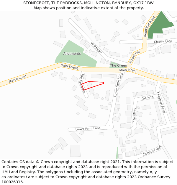 STONECROFT, THE PADDOCKS, MOLLINGTON, BANBURY, OX17 1BW: Location map and indicative extent of plot