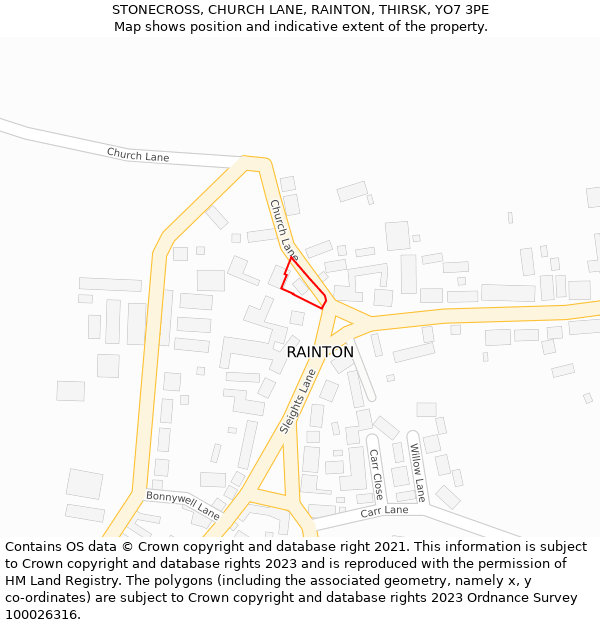 STONECROSS, CHURCH LANE, RAINTON, THIRSK, YO7 3PE: Location map and indicative extent of plot