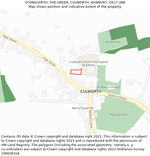 STONEGARTH, THE GREEN, CULWORTH, BANBURY, OX17 2BB: Location map and indicative extent of plot
