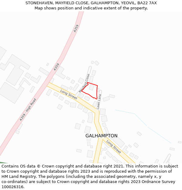 STONEHAVEN, MAYFIELD CLOSE, GALHAMPTON, YEOVIL, BA22 7AX: Location map and indicative extent of plot