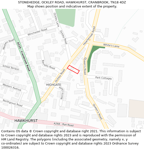 STONEHEDGE, OCKLEY ROAD, HAWKHURST, CRANBROOK, TN18 4DZ: Location map and indicative extent of plot