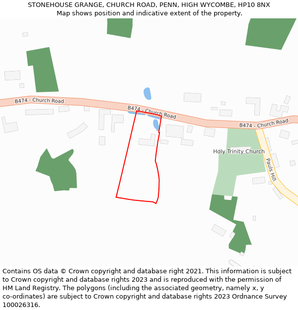 STONEHOUSE GRANGE, CHURCH ROAD, PENN, HIGH WYCOMBE, HP10 8NX: Location map and indicative extent of plot