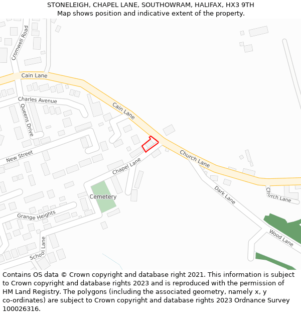 STONELEIGH, CHAPEL LANE, SOUTHOWRAM, HALIFAX, HX3 9TH: Location map and indicative extent of plot