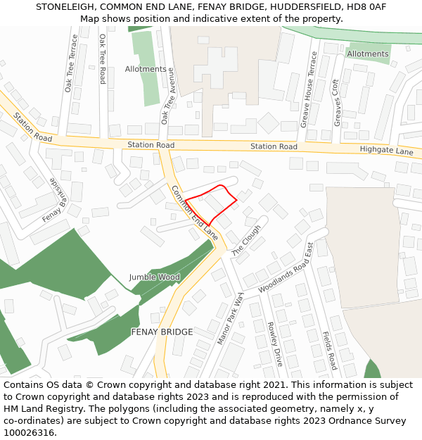 STONELEIGH, COMMON END LANE, FENAY BRIDGE, HUDDERSFIELD, HD8 0AF: Location map and indicative extent of plot