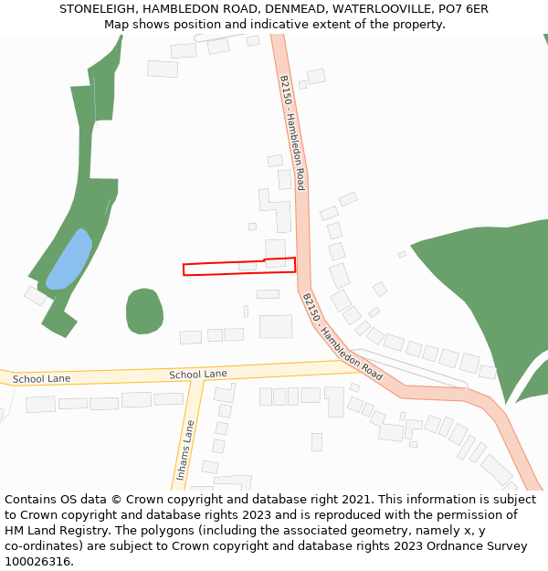 STONELEIGH, HAMBLEDON ROAD, DENMEAD, WATERLOOVILLE, PO7 6ER: Location map and indicative extent of plot