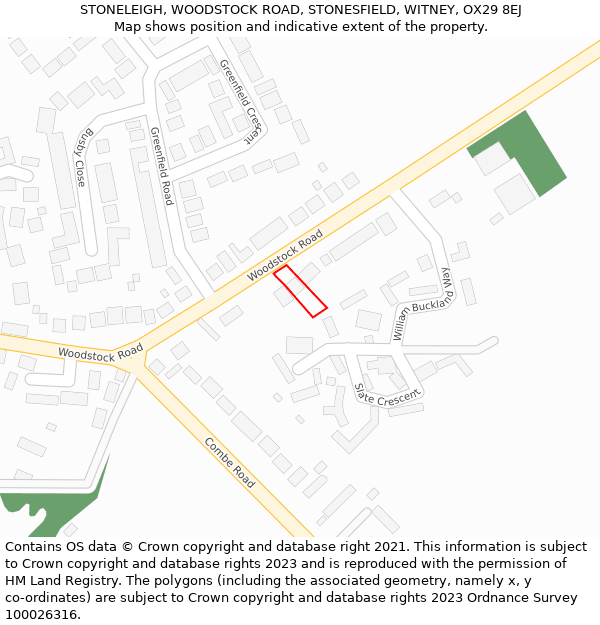 STONELEIGH, WOODSTOCK ROAD, STONESFIELD, WITNEY, OX29 8EJ: Location map and indicative extent of plot