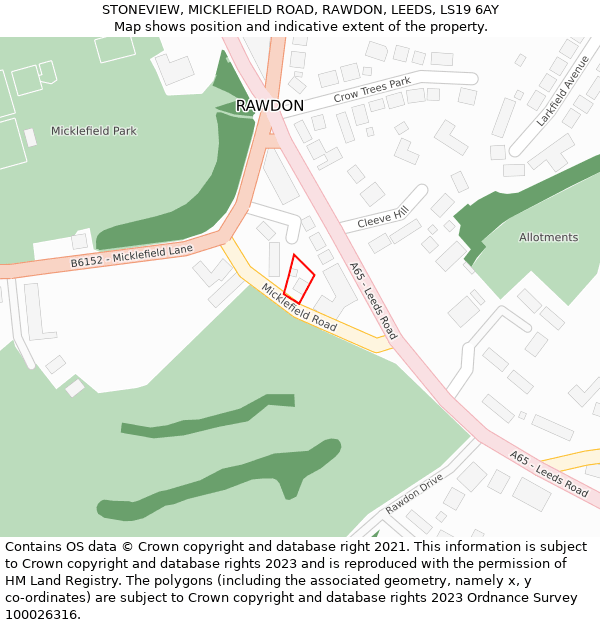 STONEVIEW, MICKLEFIELD ROAD, RAWDON, LEEDS, LS19 6AY: Location map and indicative extent of plot