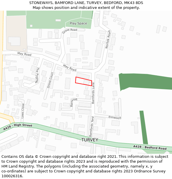 STONEWAYS, BAMFORD LANE, TURVEY, BEDFORD, MK43 8DS: Location map and indicative extent of plot