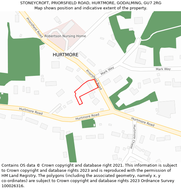 STONEYCROFT, PRIORSFIELD ROAD, HURTMORE, GODALMING, GU7 2RG: Location map and indicative extent of plot