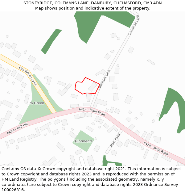 STONEYRIDGE, COLEMANS LANE, DANBURY, CHELMSFORD, CM3 4DN: Location map and indicative extent of plot