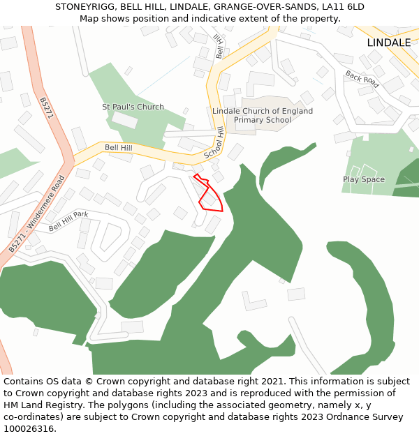 STONEYRIGG, BELL HILL, LINDALE, GRANGE-OVER-SANDS, LA11 6LD: Location map and indicative extent of plot