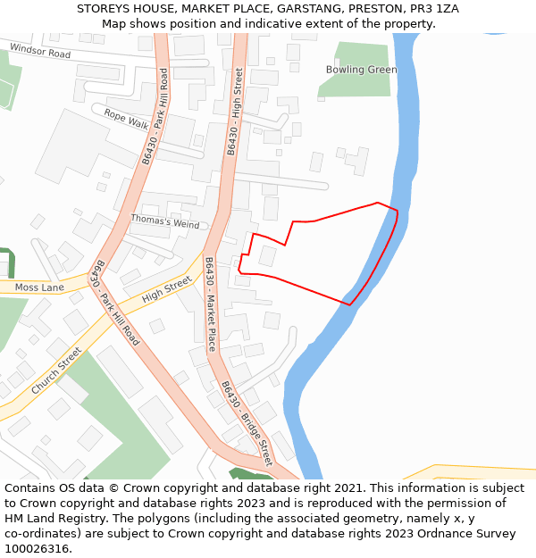 STOREYS HOUSE, MARKET PLACE, GARSTANG, PRESTON, PR3 1ZA: Location map and indicative extent of plot