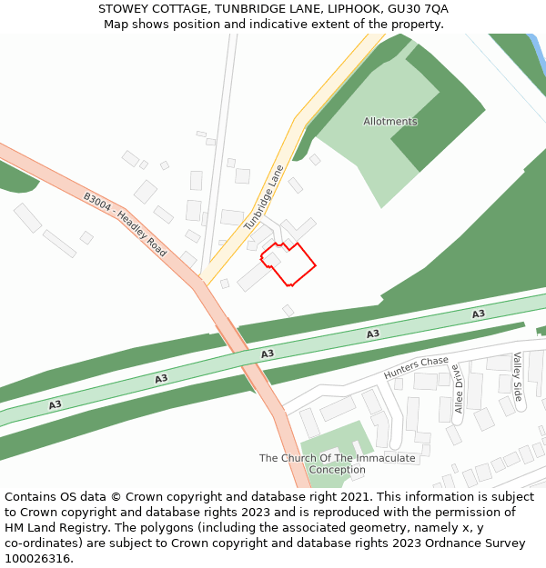 STOWEY COTTAGE, TUNBRIDGE LANE, LIPHOOK, GU30 7QA: Location map and indicative extent of plot