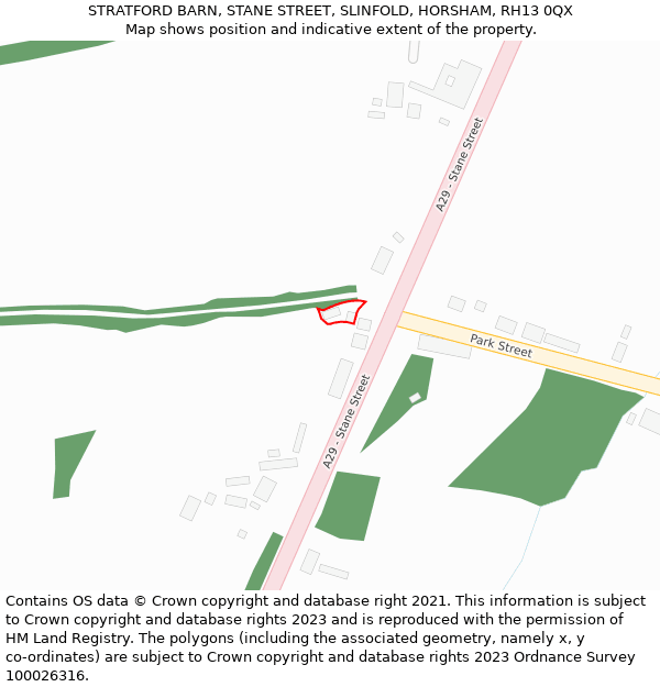 STRATFORD BARN, STANE STREET, SLINFOLD, HORSHAM, RH13 0QX: Location map and indicative extent of plot