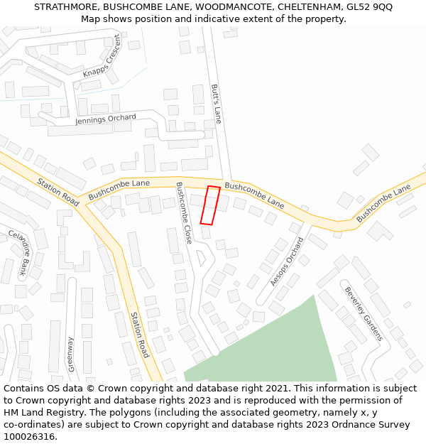 STRATHMORE, BUSHCOMBE LANE, WOODMANCOTE, CHELTENHAM, GL52 9QQ: Location map and indicative extent of plot