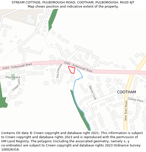 STREAM COTTAGE, PULBOROUGH ROAD, COOTHAM, PULBOROUGH, RH20 4JT: Location map and indicative extent of plot