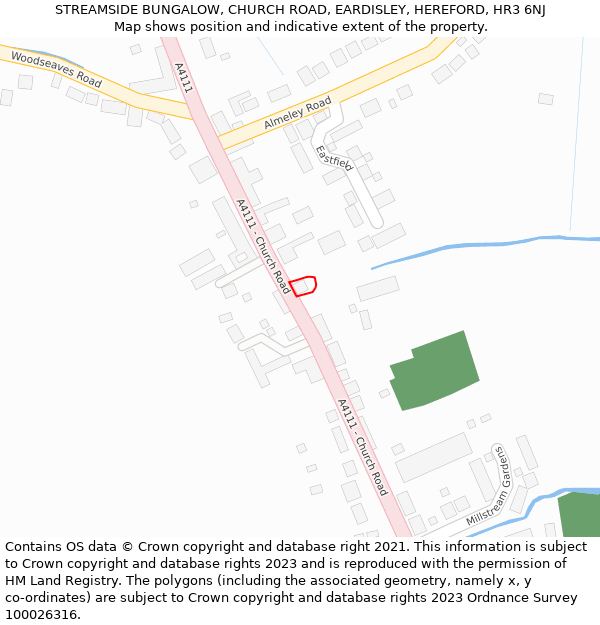 STREAMSIDE BUNGALOW, CHURCH ROAD, EARDISLEY, HEREFORD, HR3 6NJ: Location map and indicative extent of plot