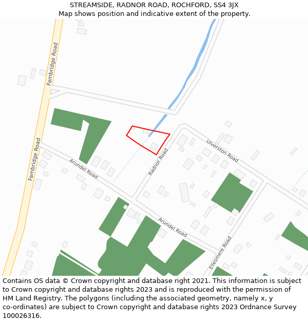 STREAMSIDE, RADNOR ROAD, ROCHFORD, SS4 3JX: Location map and indicative extent of plot