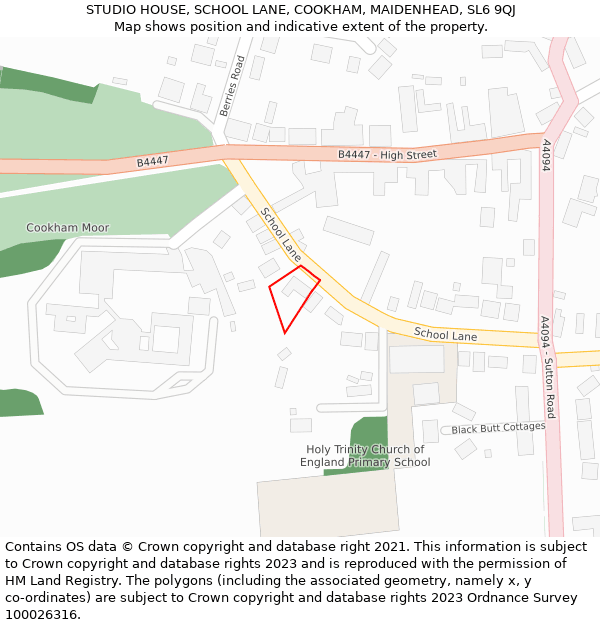 STUDIO HOUSE, SCHOOL LANE, COOKHAM, MAIDENHEAD, SL6 9QJ: Location map and indicative extent of plot